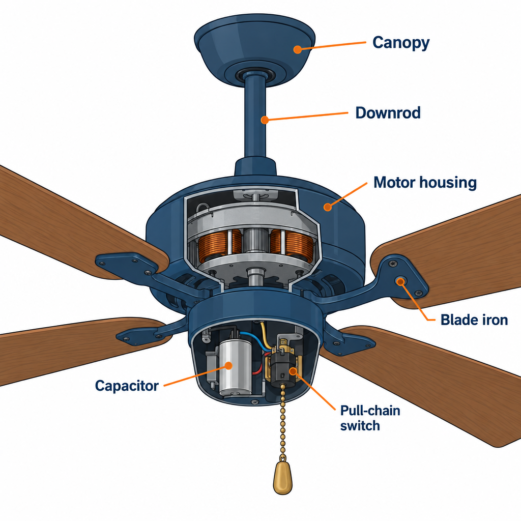 Ceiling fan parts diagram labelling capacitor, pull-chain switch, blade iron, flywheel, remote receiver, and canopy