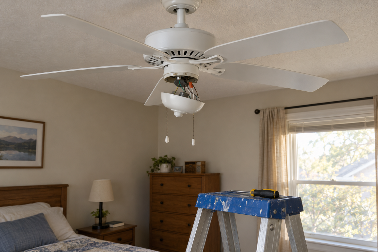Ceiling fan with open switch housing and screwdriver in a bright bedroom showing common repair access