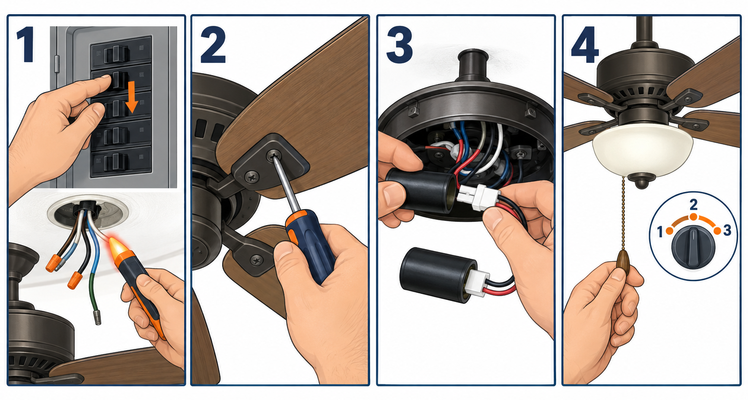 Fixing a ceiling fan in four steps: kill power, tighten screws, replace capacitor, restore power
