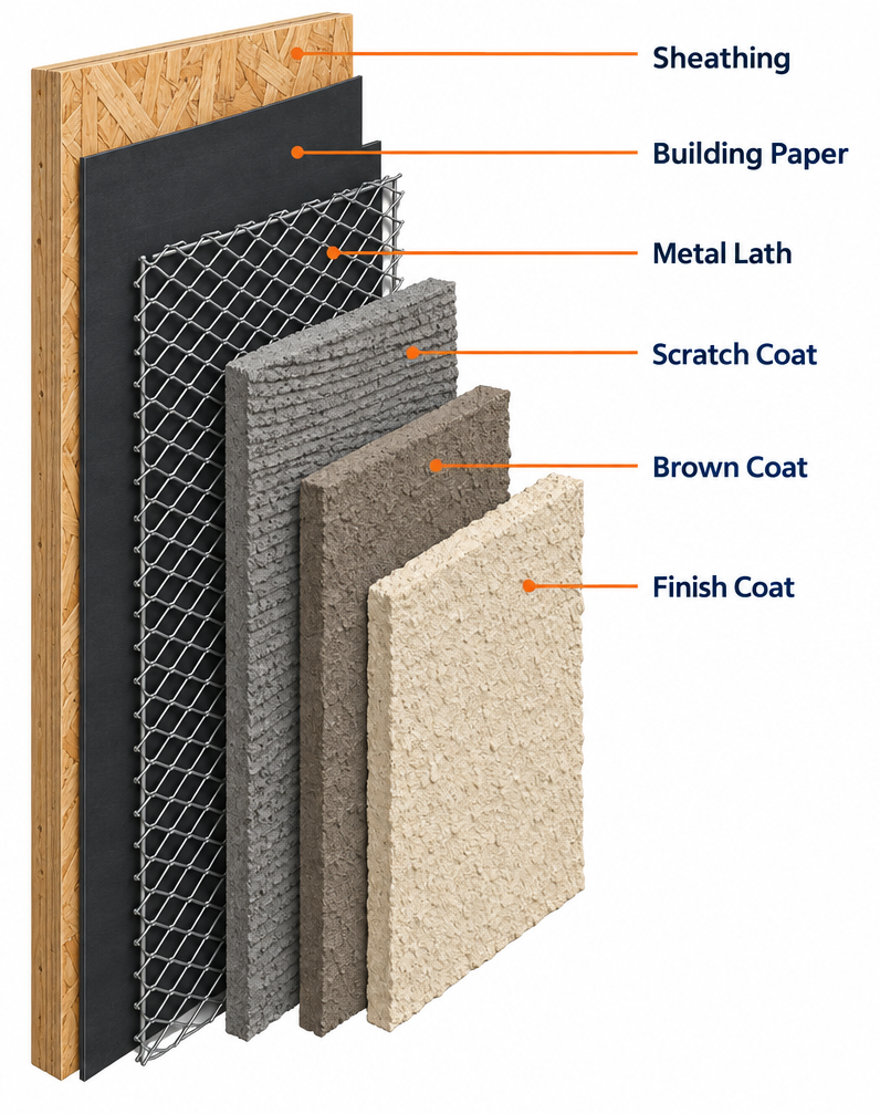 Labelled diagram of stucco wall layers: sheathing, building paper, metal lath, scratch coat, brown coat, finish coat