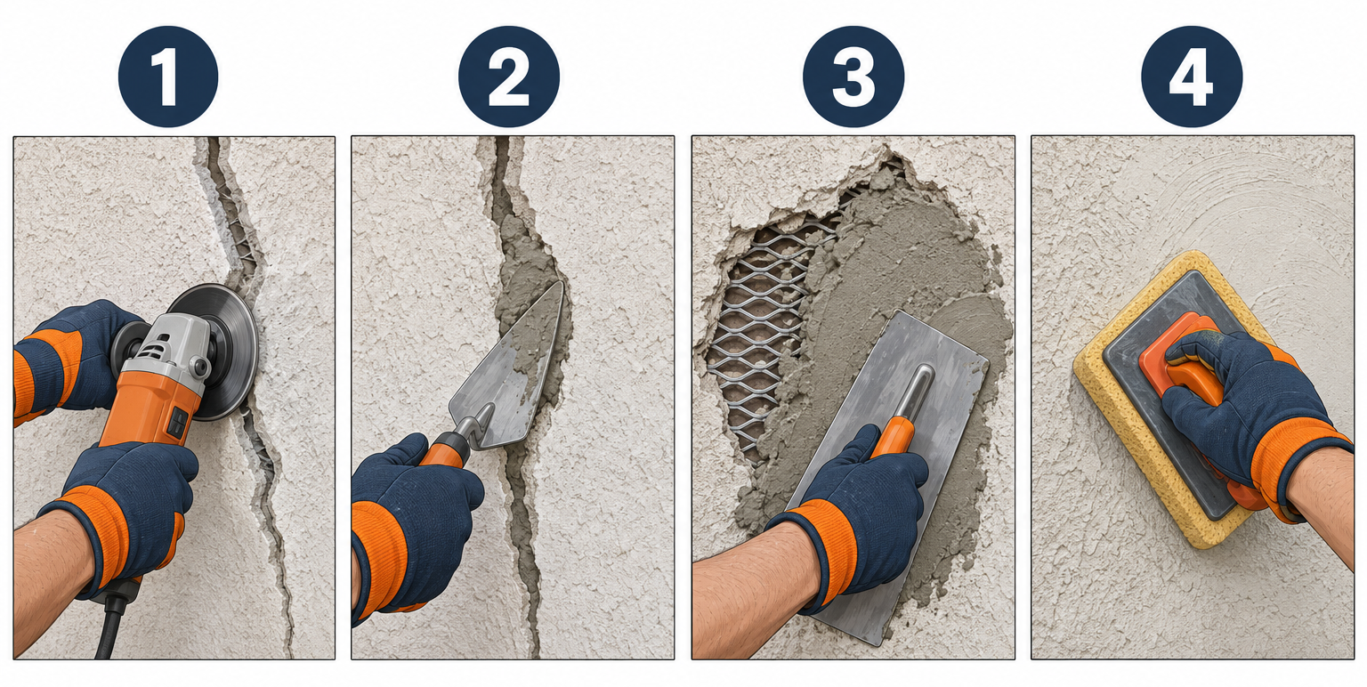 Fixing stucco in four steps: V-groove crack, pack patch, apply scratch coat, float finish coat