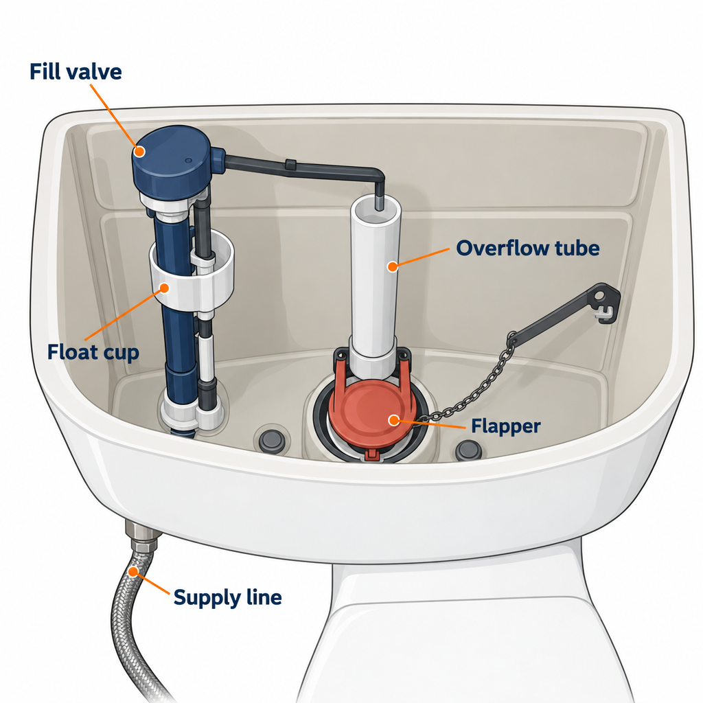 Labelled diagram of toilet tank parts including fill valve, float cup, overflow tube, flapper and supply line