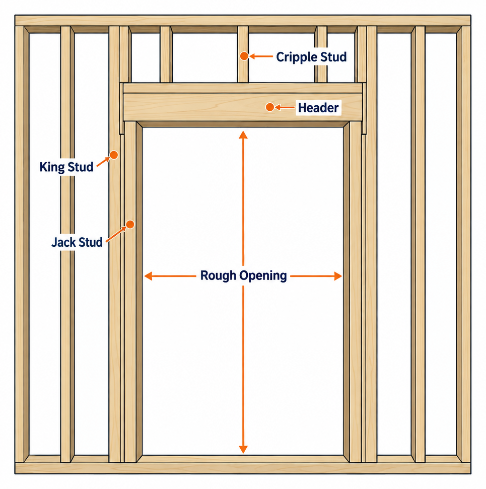 Labelled diagram of doorway framing parts: king stud, jack stud, header, cripple stud and rough opening