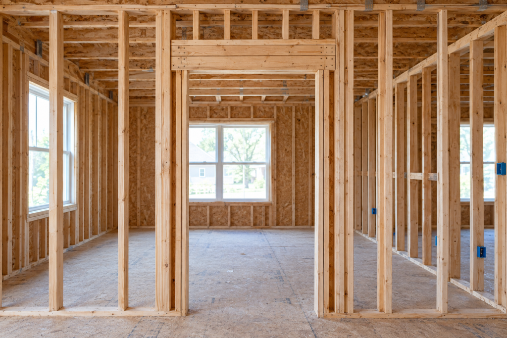 Freshly framed interior doorway rough opening in an unfinished wood-framed wall