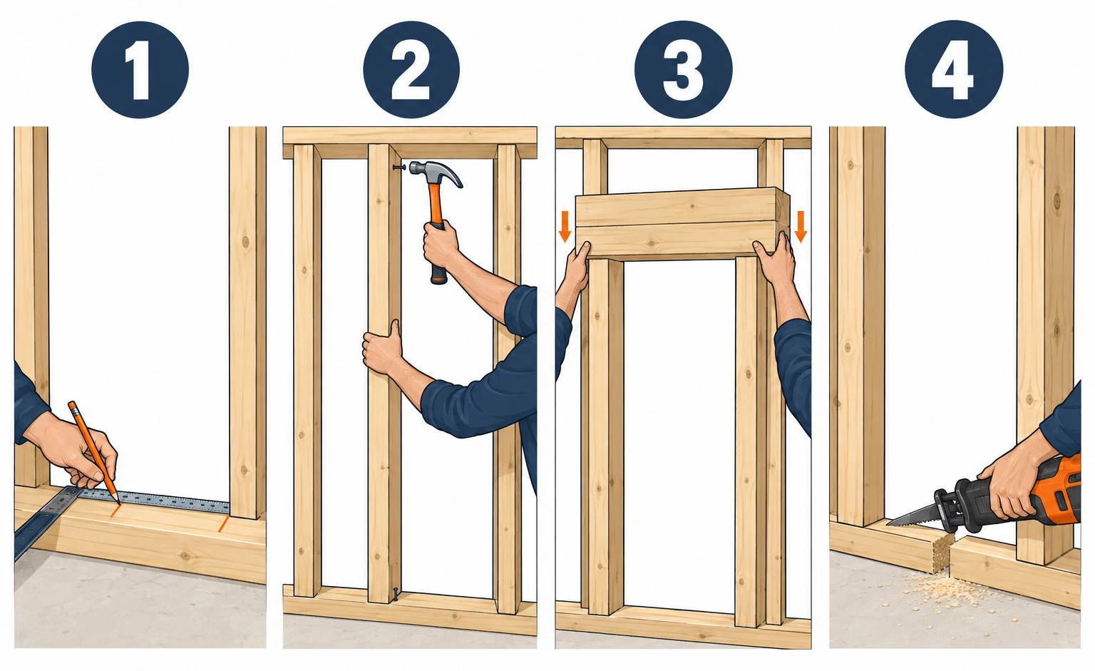 Framing a doorway rough opening in four steps: marking plates, nailing king studs, setting the header, and cutting the bottom plate