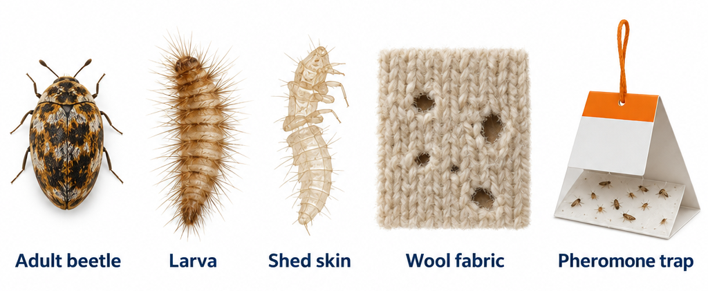 Carpet beetle adult, larva, shed skin, and fabric damage identification diagram