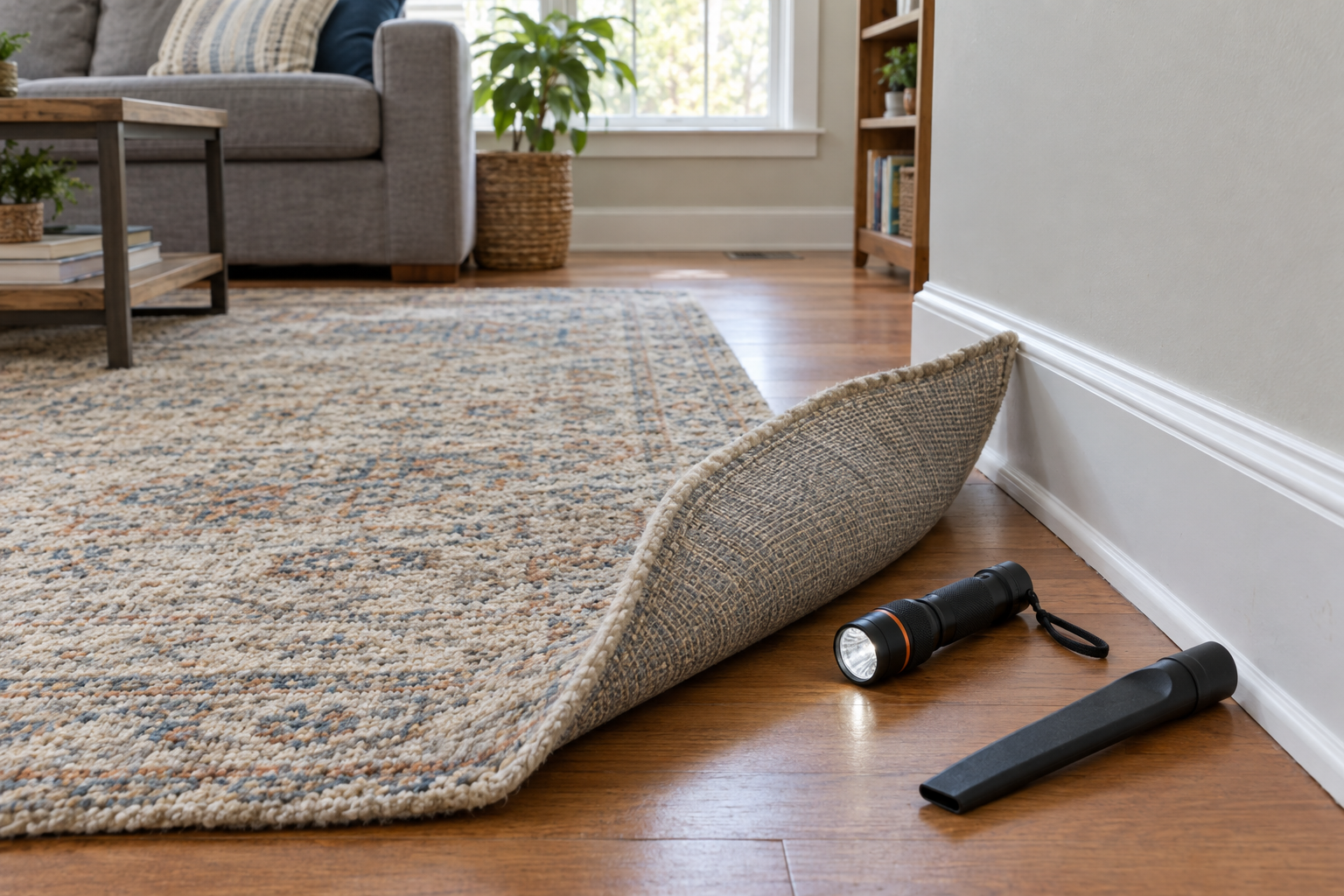 Carpet beetle larvae damage on a wool rug in a home living room