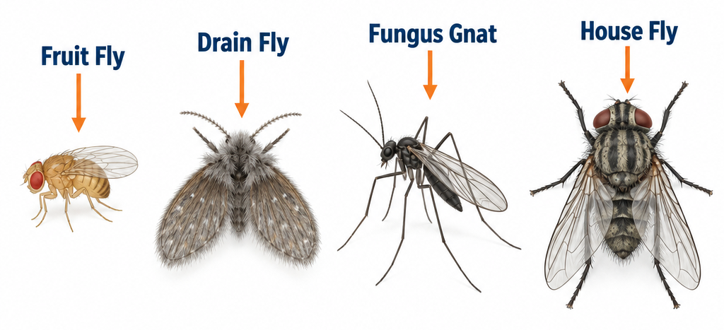 Labelled diagram comparing fruit fly, drain fly, fungus gnat, and house fly by size and appearance