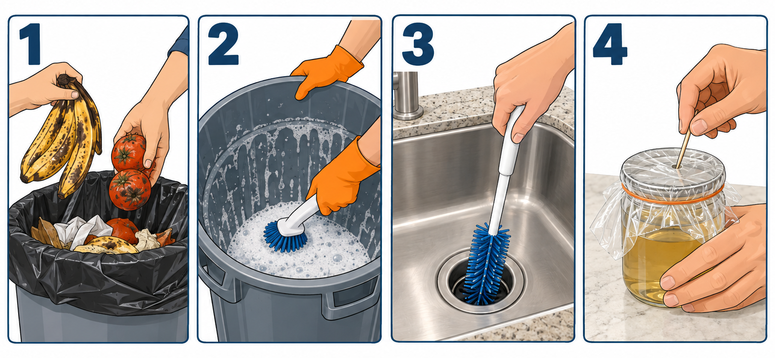 Four steps to eliminate fruit flies: remove produce, scrub trash can, clean drain, set vinegar trap