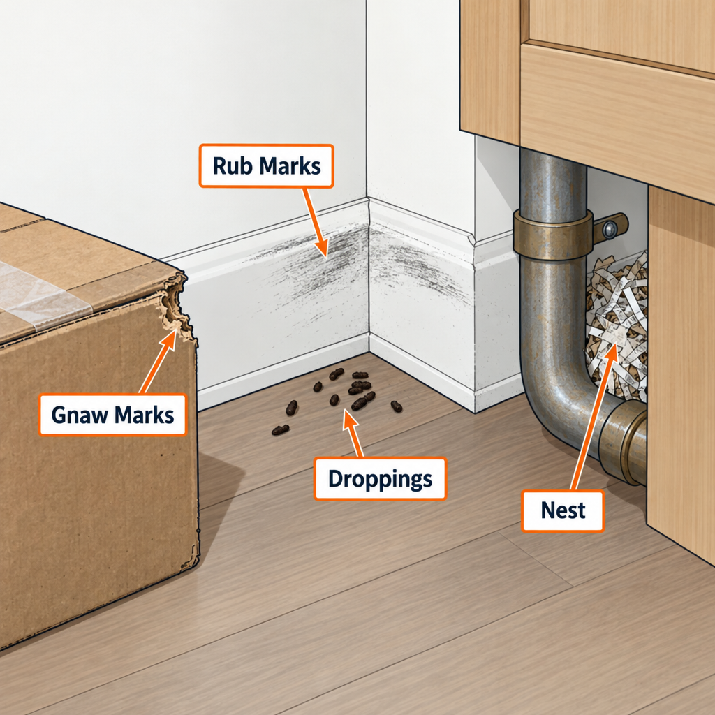 Mouse activity signs diagram labelling droppings, rub marks, gnaw marks and nest material