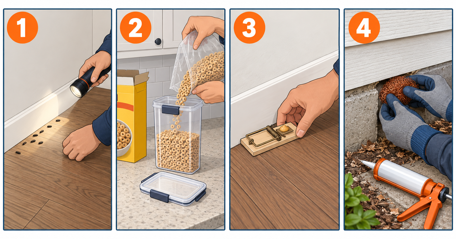 How to get rid of mice in four steps: find signs, secure food, set traps, and seal entry points