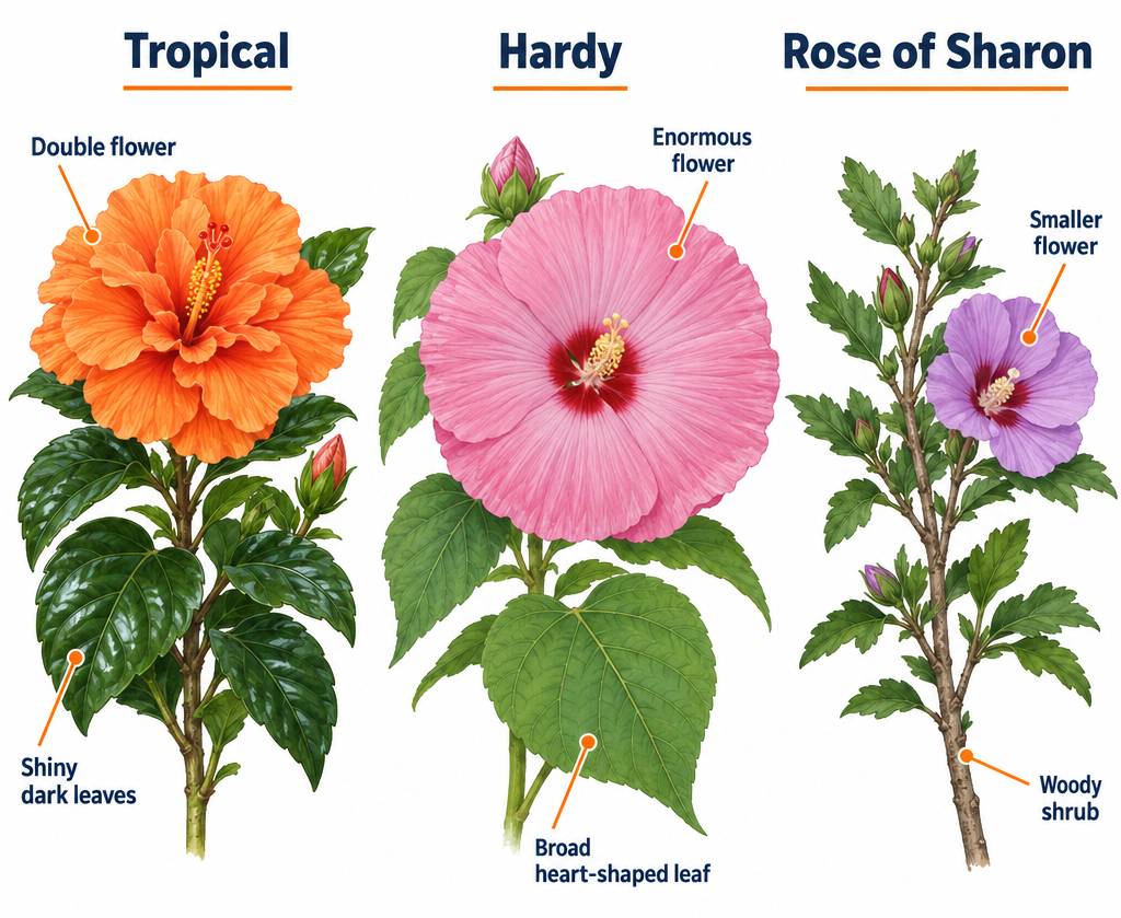 Labelled diagram comparing tropical hibiscus, hardy hibiscus, and rose of Sharon leaf and flower differences