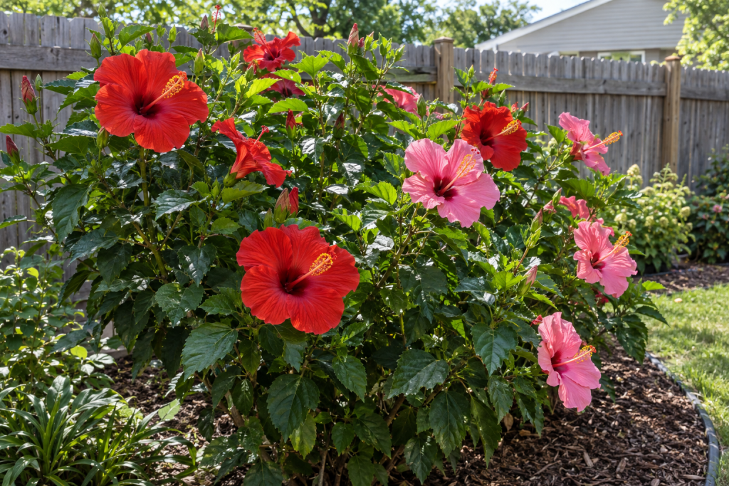 Large red and pink hibiscus flowers blooming on a healthy shrub in a sunny backyard garden