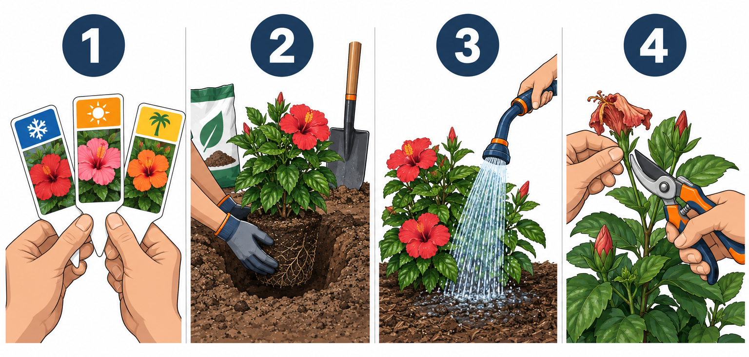 Planting and caring for hibiscus in four steps: choosing type, planting, watering, and pruning