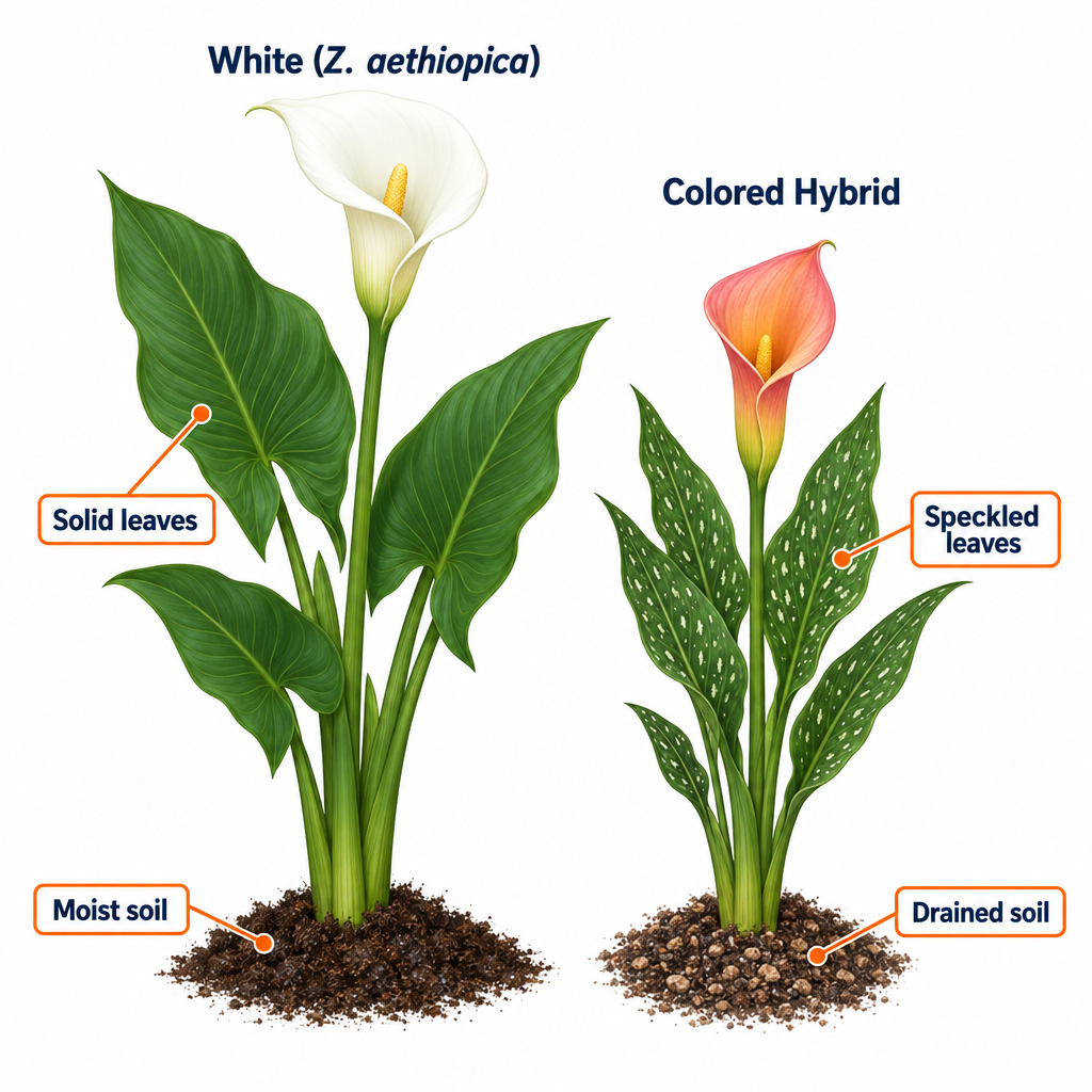 Labelled diagram comparing white calla lily and colored hybrid calla lily key traits