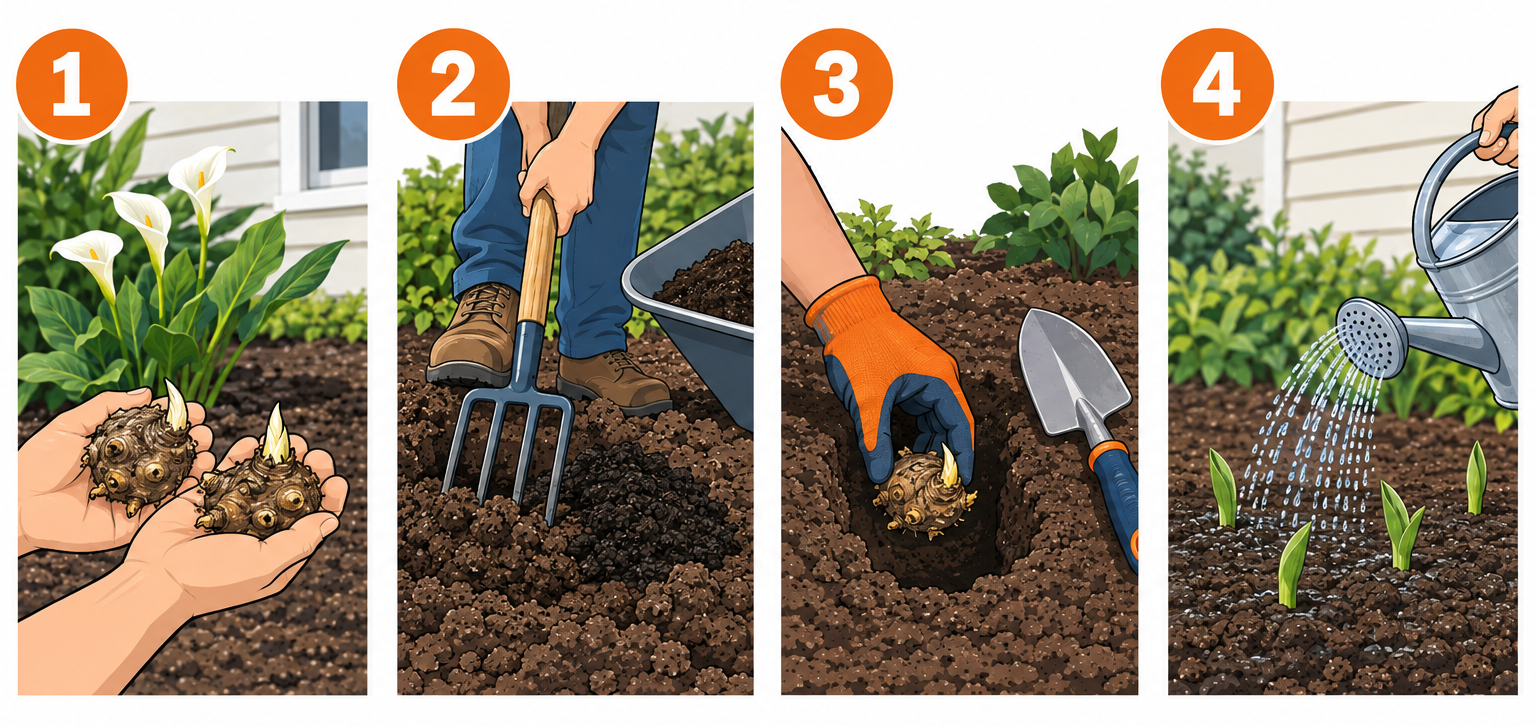 Planting calla lily rhizomes in four steps: choosing a sunny spot, loosening soil with a fork, setting rhizomes eyes-up three inches deep, and watering the bed