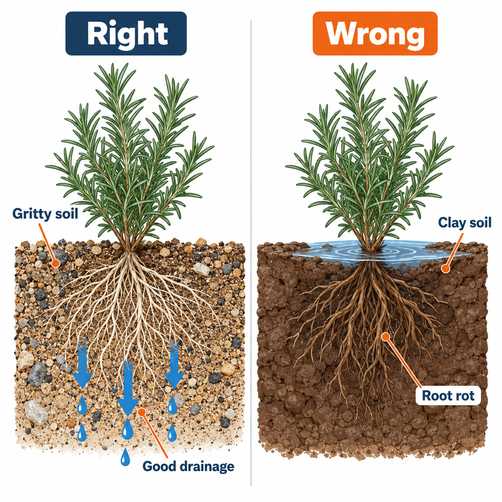 Well-drained versus waterlogged rosemary planting soil comparison