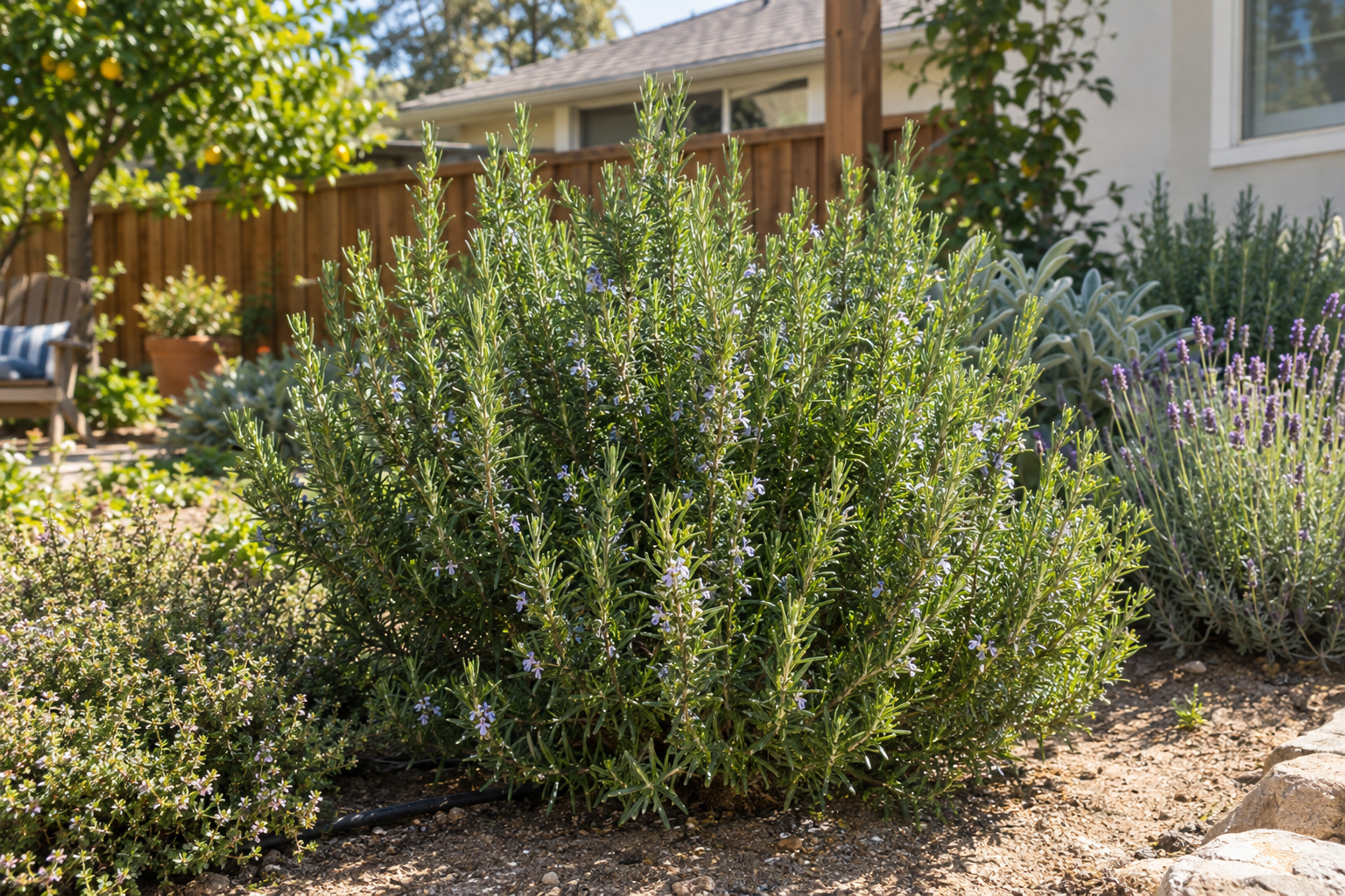 Mature rosemary shrub growing in a sunny backyard garden bed with sandy soil
