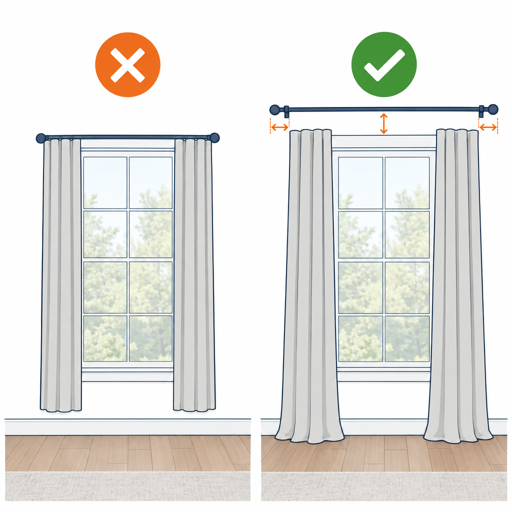Right vs wrong curtain rod placement: rod mounted high and wide versus rod mounted low and narrow on the same window