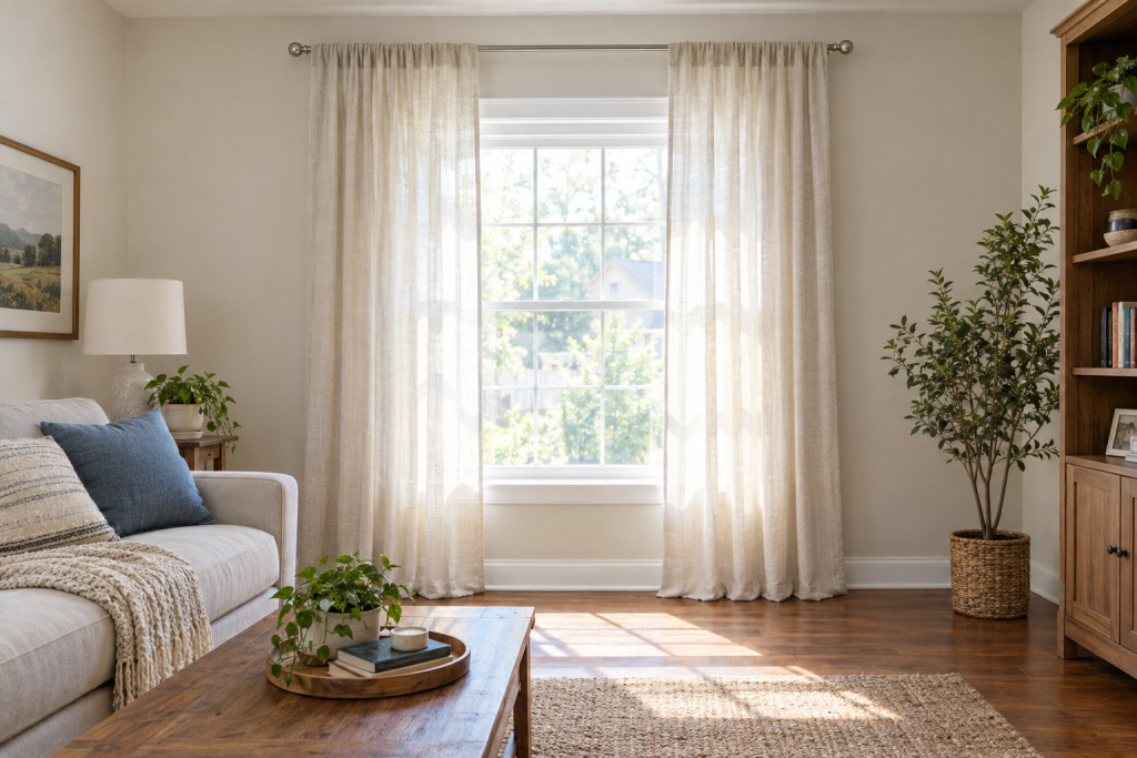 Finished curtains hanging on a curtain rod in a bright living room, rod mounted high above the window frame with panels draping to the floor