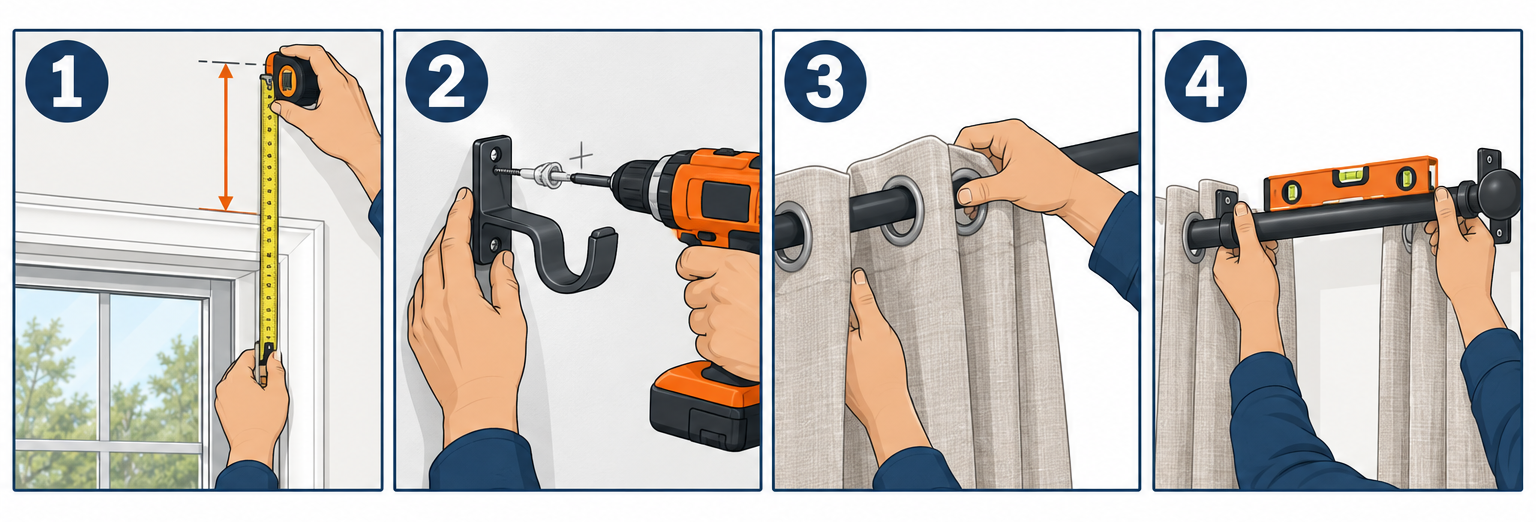 How to hang curtains on a curtain rod in four steps: measure, mark and drill, thread curtains, hang and level