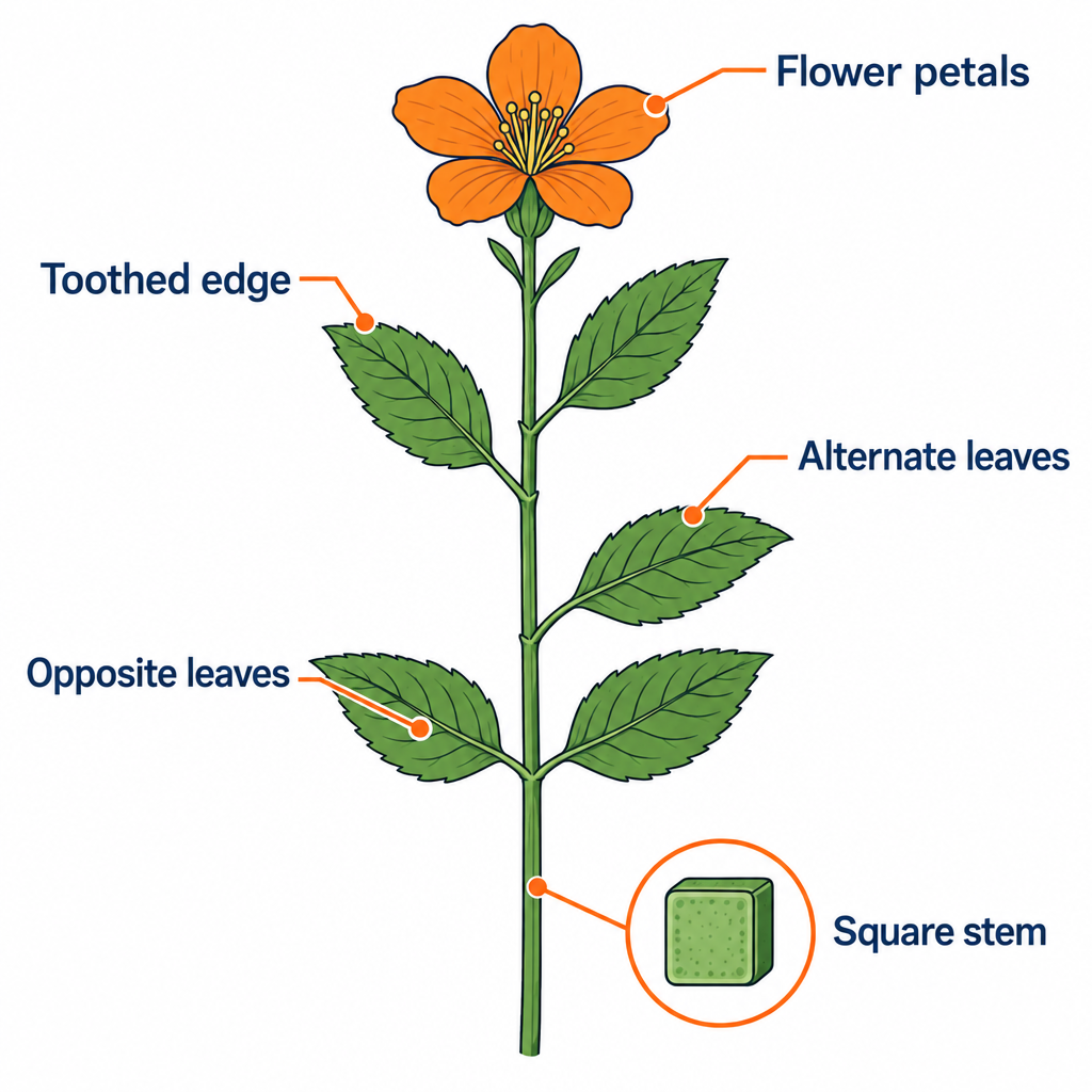 Labelled diagram of key plant identification traits: leaf arrangement, leaf edge, flower parts, stem shape, and stem hairs