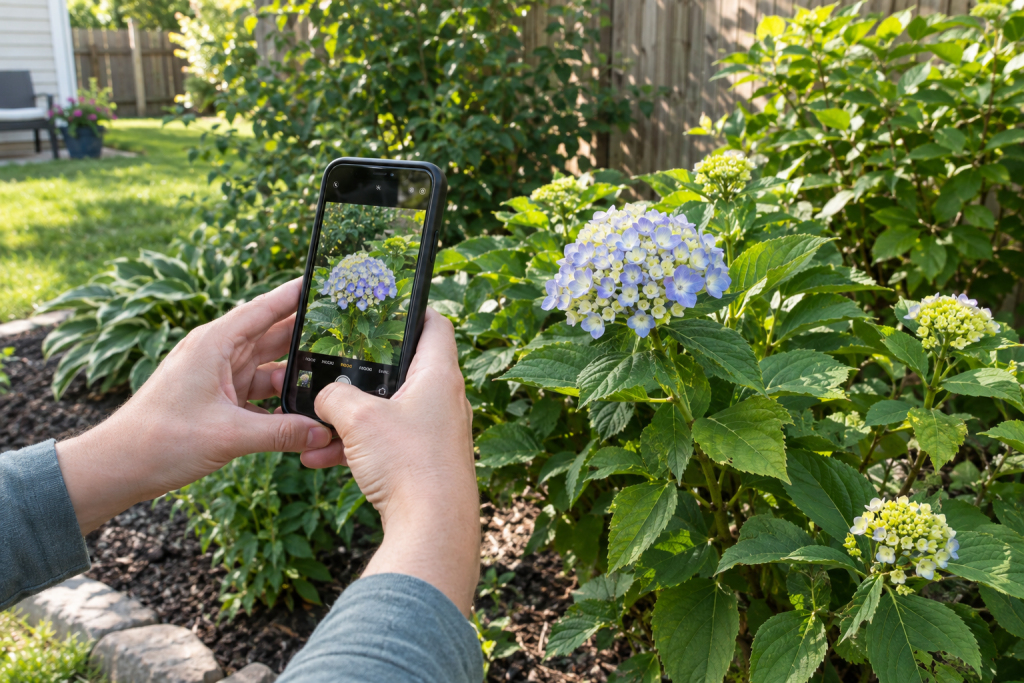 Person using a smartphone to identify an unknown flowering plant in a sunny backyard garden