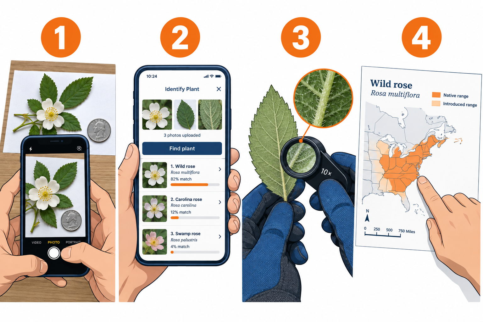 Identifying an unknown plant in four steps: photograph, upload, check traits, confirm region