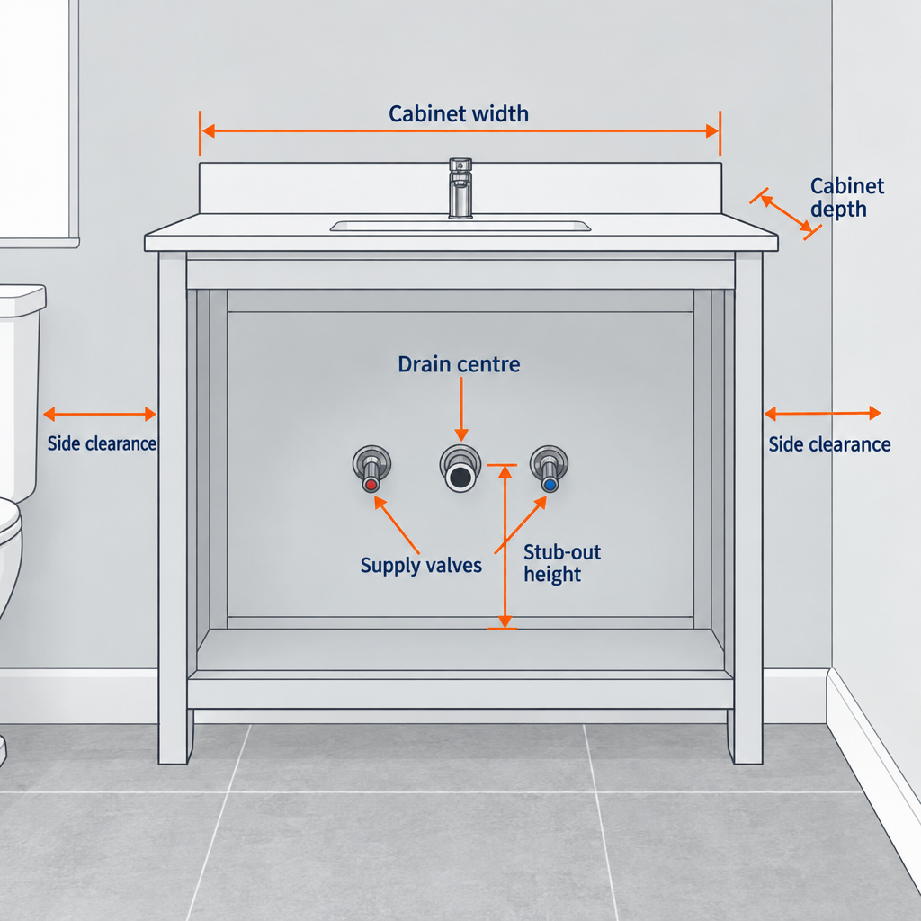 Bathroom vanity plumbing rough-in diagram showing drain stub-out height, supply valve positions, cabinet width, and depth measurements