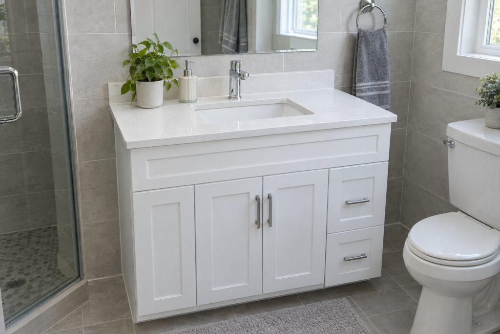 Newly installed white bathroom vanity with countertop, faucet and mirror in a bright modern bathroom