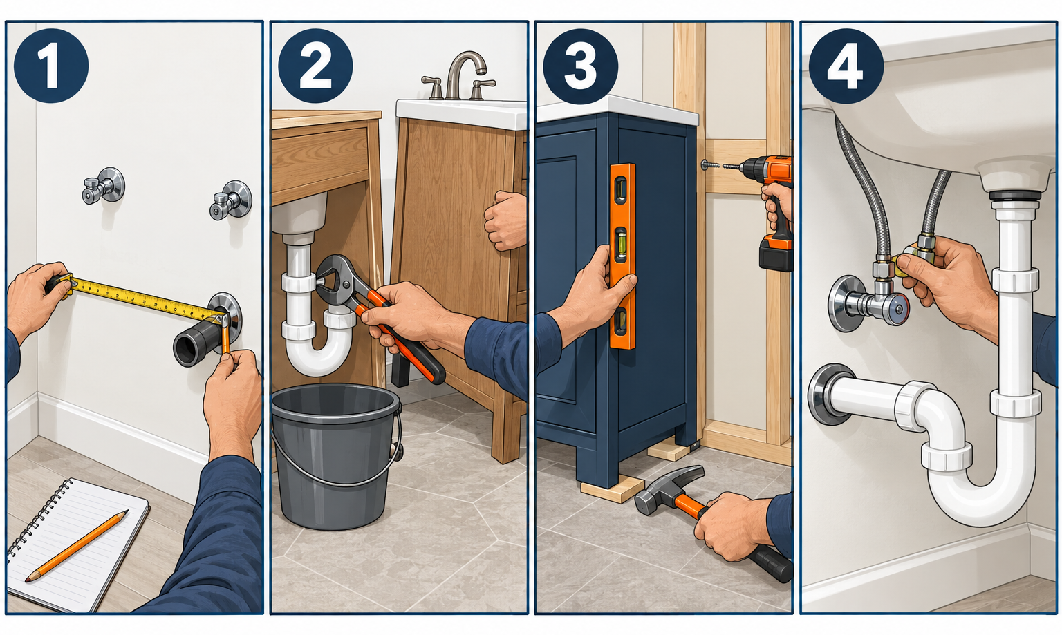 Installing a bathroom vanity in four steps: measure stub-outs, remove old cabinet, level and screw new cabinet to studs, connect plumbing and set countertop
