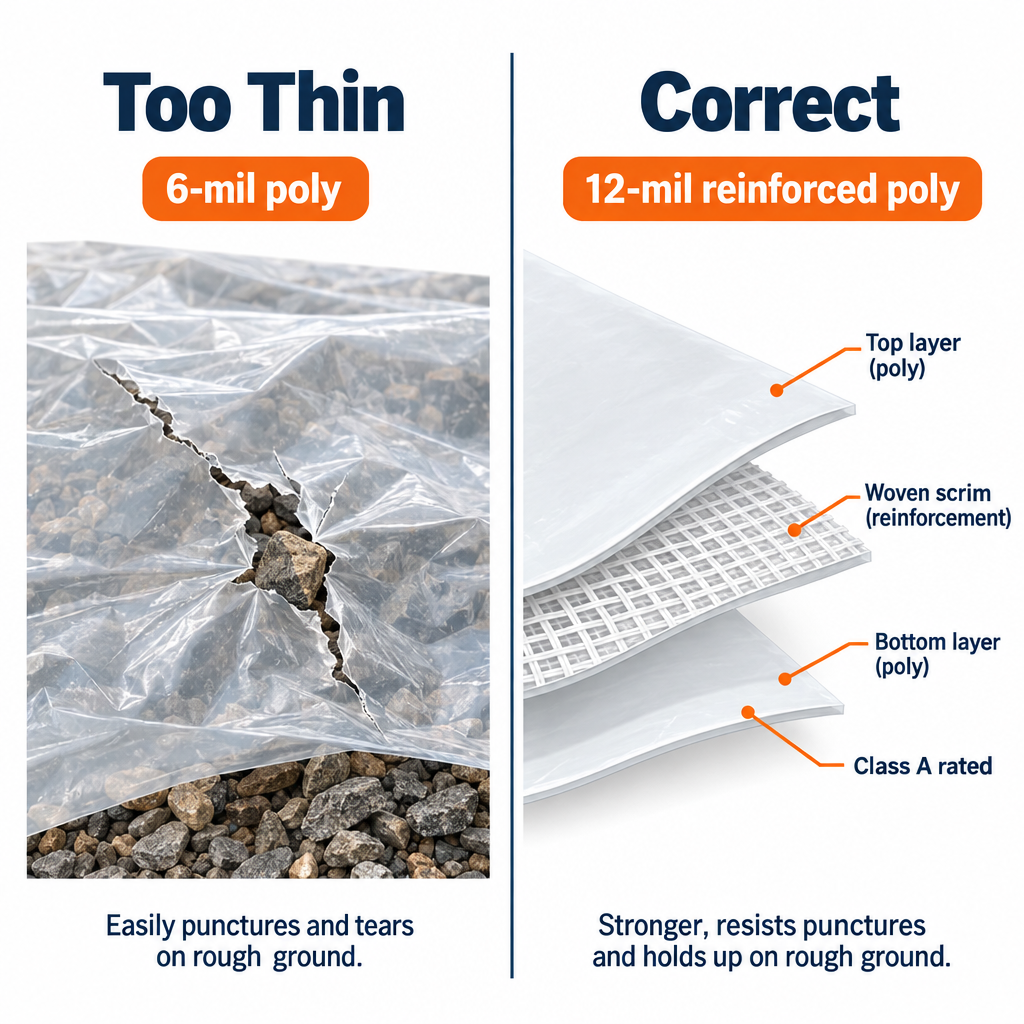 Crawl space vapor barrier thickness comparison: 6-mil torn sheet versus intact 12-mil reinforced sheet with woven scrim layer visible