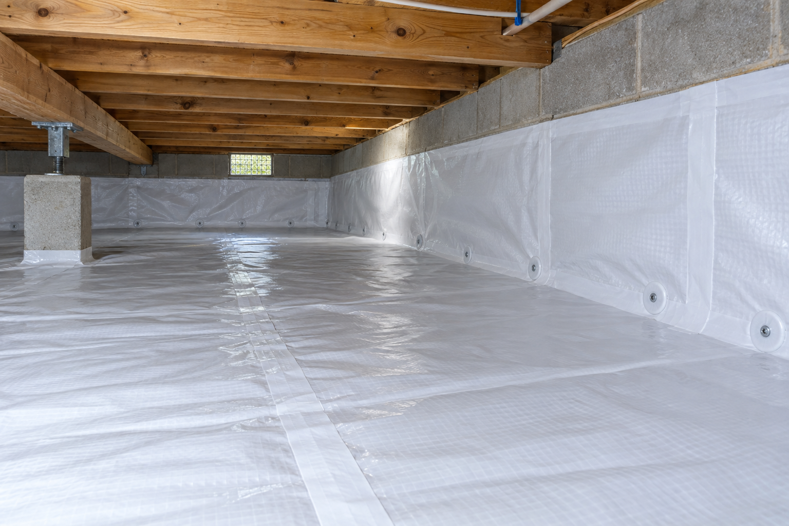 Finished crawl space with white reinforced polyethylene vapor barrier covering dirt floor and running up foundation walls