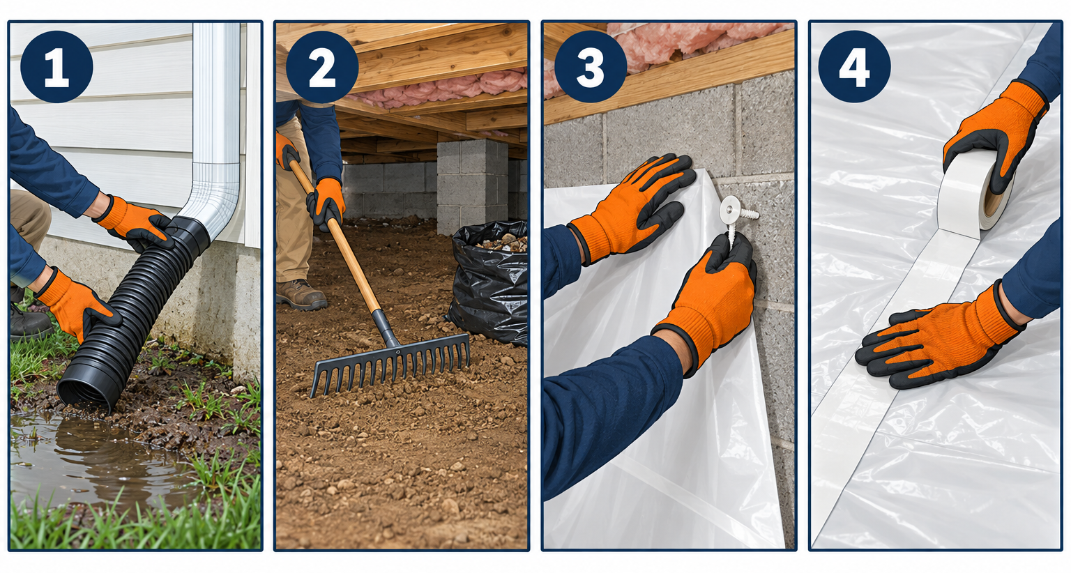 Installing a crawl space vapor barrier in four steps: fixing drainage, prepping the floor, running wall sheets, and taping seams