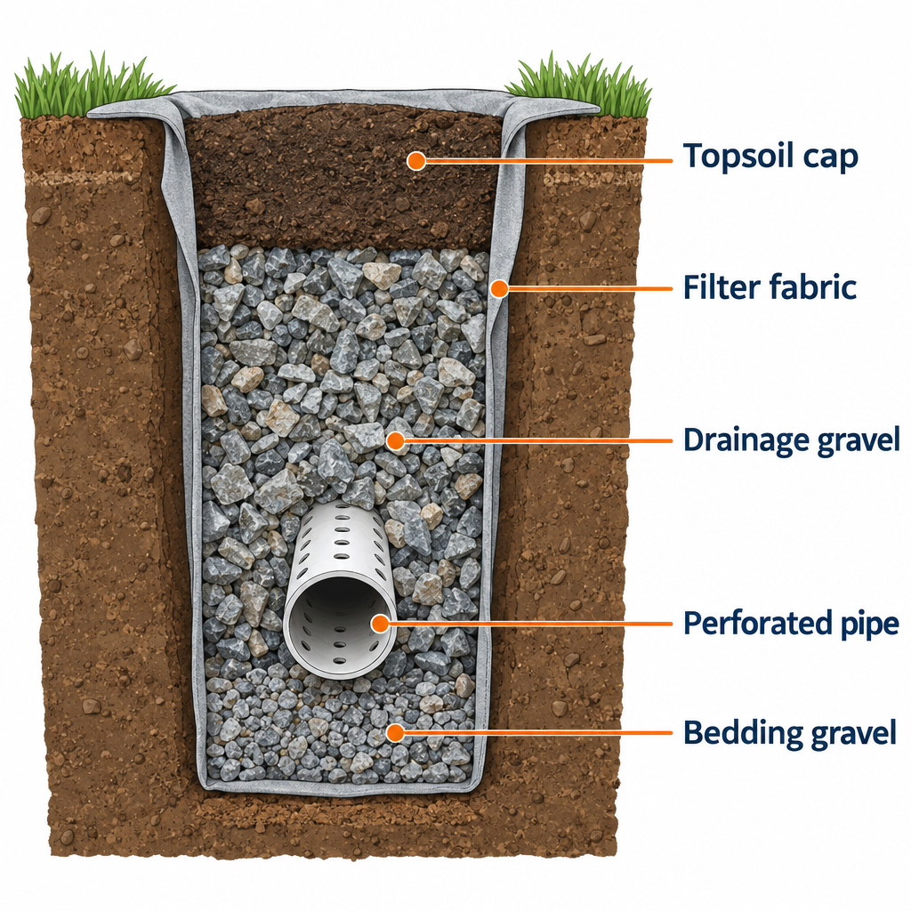 Labelled cross-section diagram of French drain components: filter fabric, bedding gravel, perforated pipe, drainage gravel, and topsoil cap