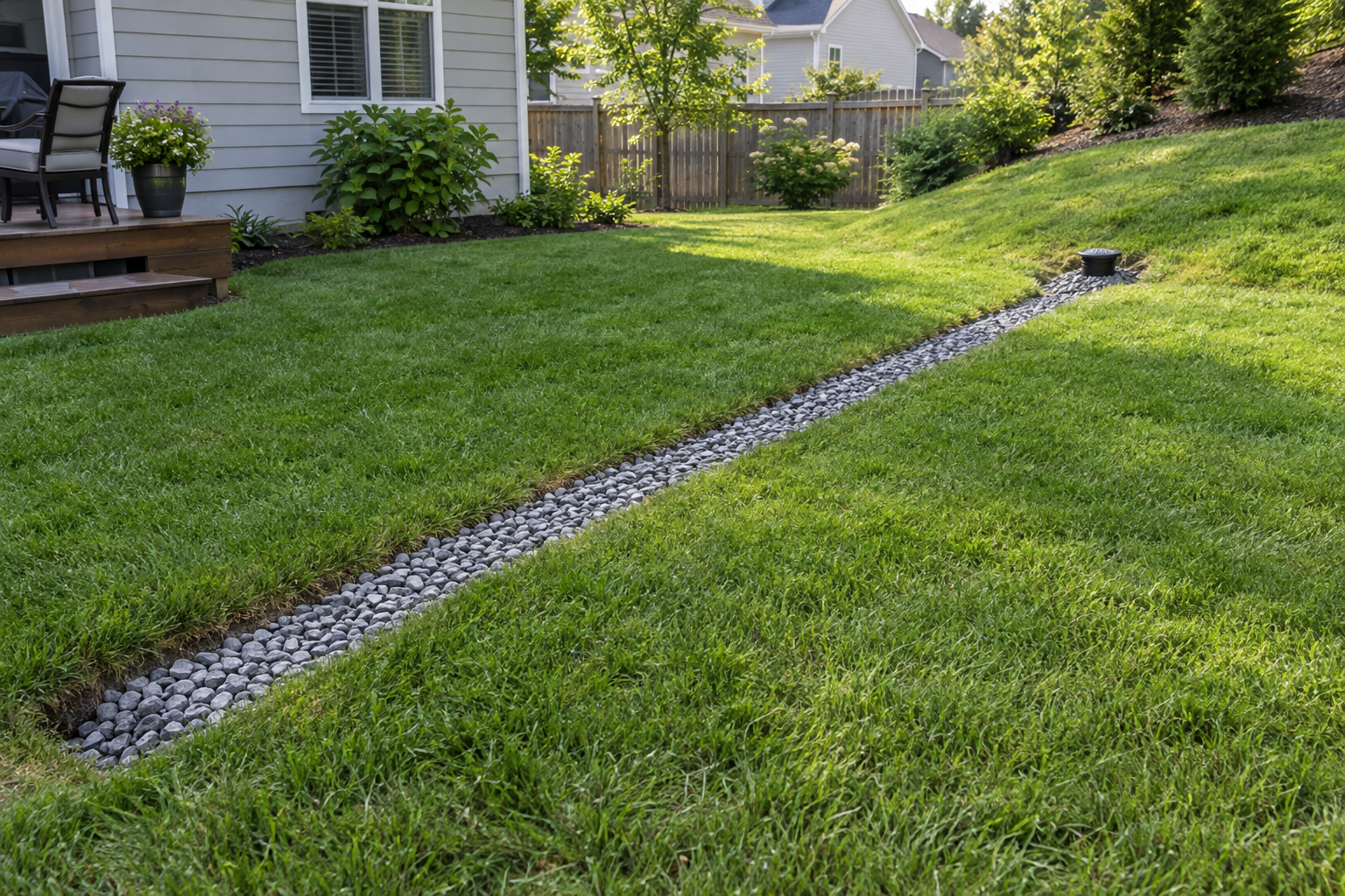 Completed French drain with gravel surface channel running across a green residential backyard