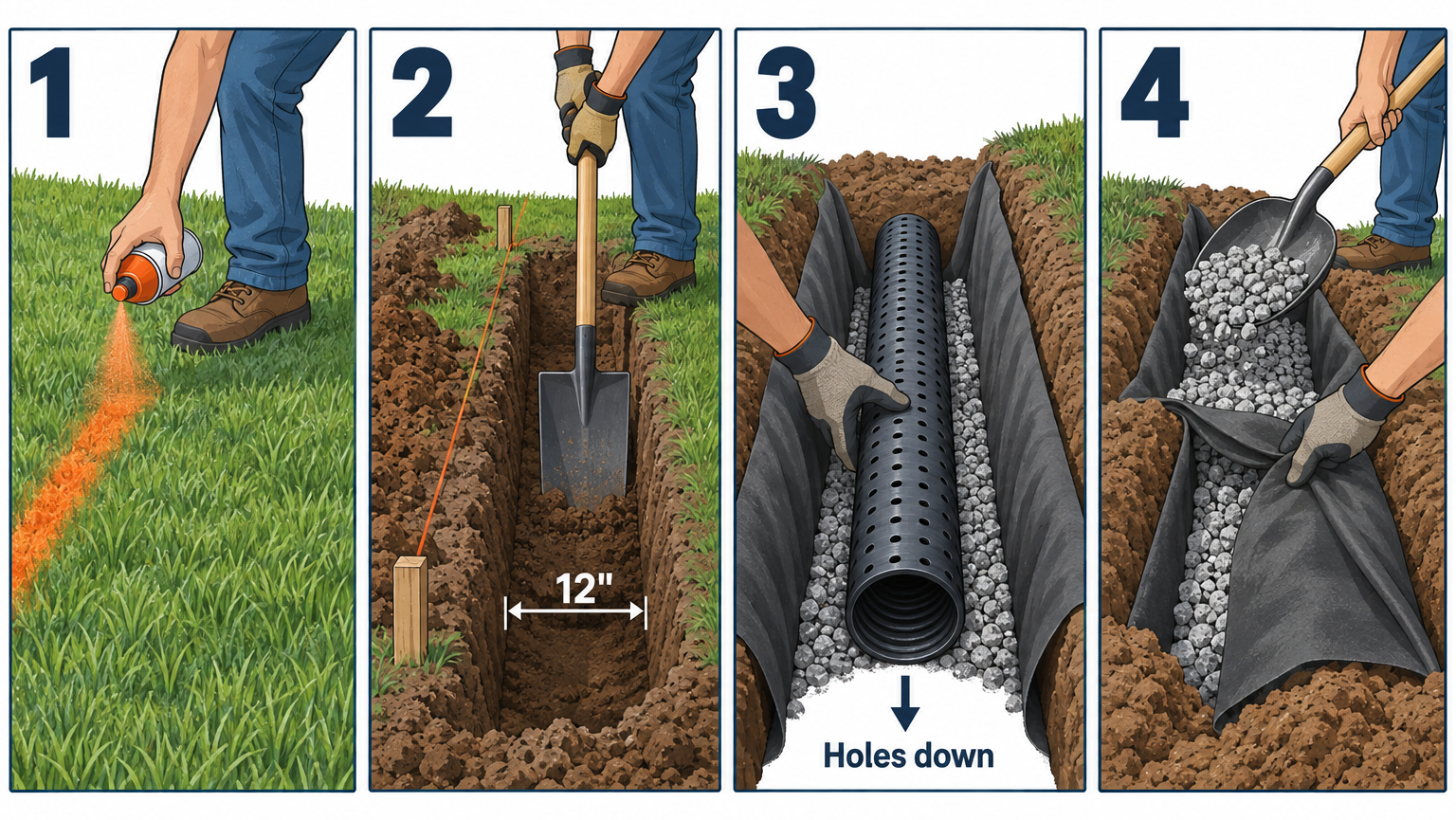 Installing a French drain in four steps: marking the route, digging the trench, laying pipe on gravel, and backfilling with gravel