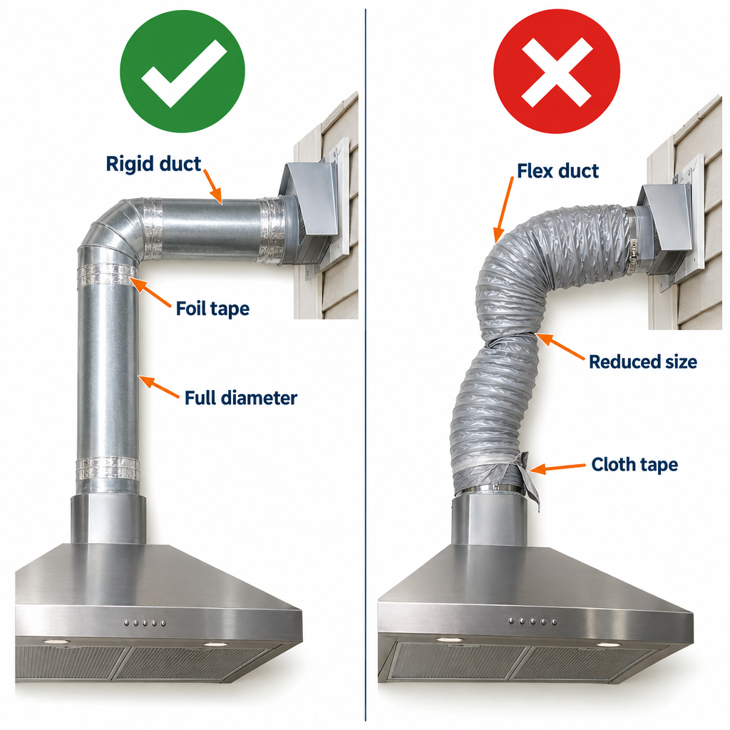 Right vs. wrong duct installation for a range hood: rigid sealed duct versus reduced kinked flexible duct