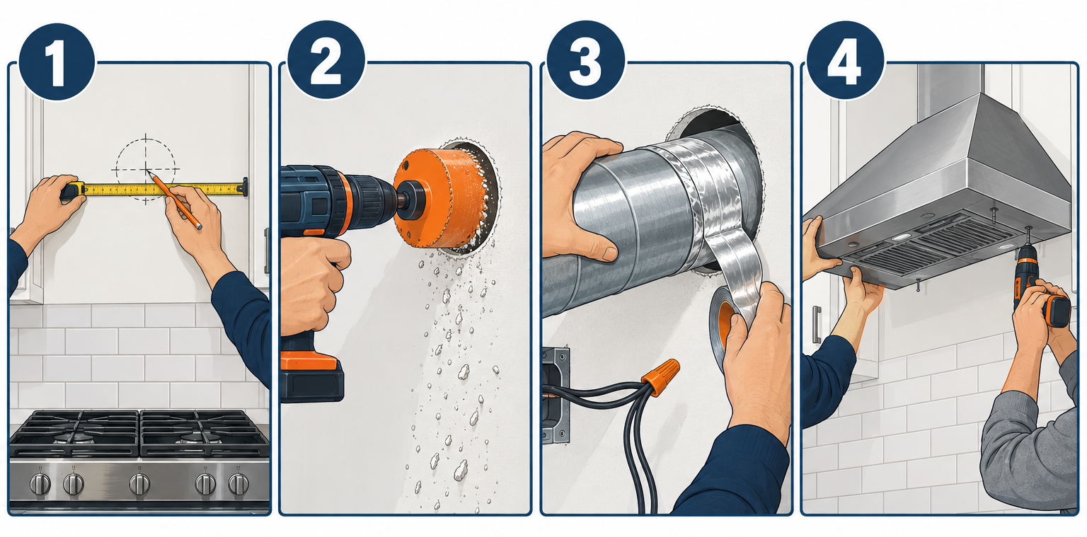 Installing a range hood in four steps: plan duct route, cut opening, run duct and wire, mount hood