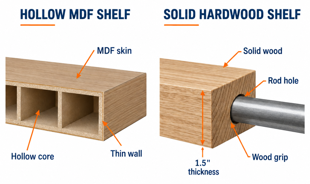 Labelled diagram comparing hollow versus solid floating shelf construction