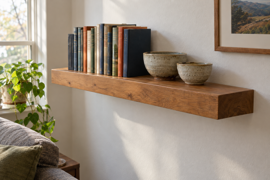 Sturdy floating shelf holding hardcover books and stoneware in a bright living room
