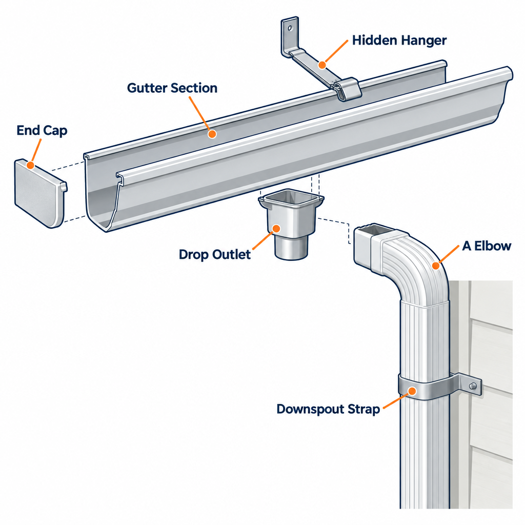 Labelled diagram of K-style gutter parts including gutter section, end cap, drop outlet, hidden hanger, elbow, and downspout strap