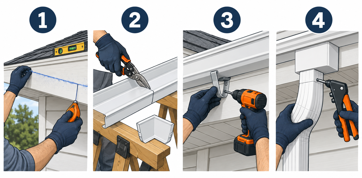 Installing house gutters in four steps: chalk line, cut sections, hang hangers, attach downspout