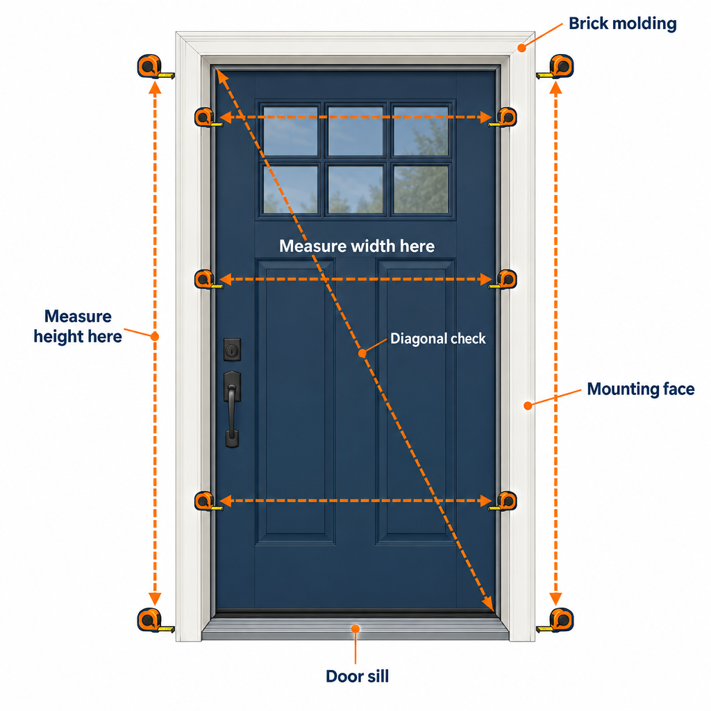 Labelled diagram of storm door opening measurement points on exterior brick molding