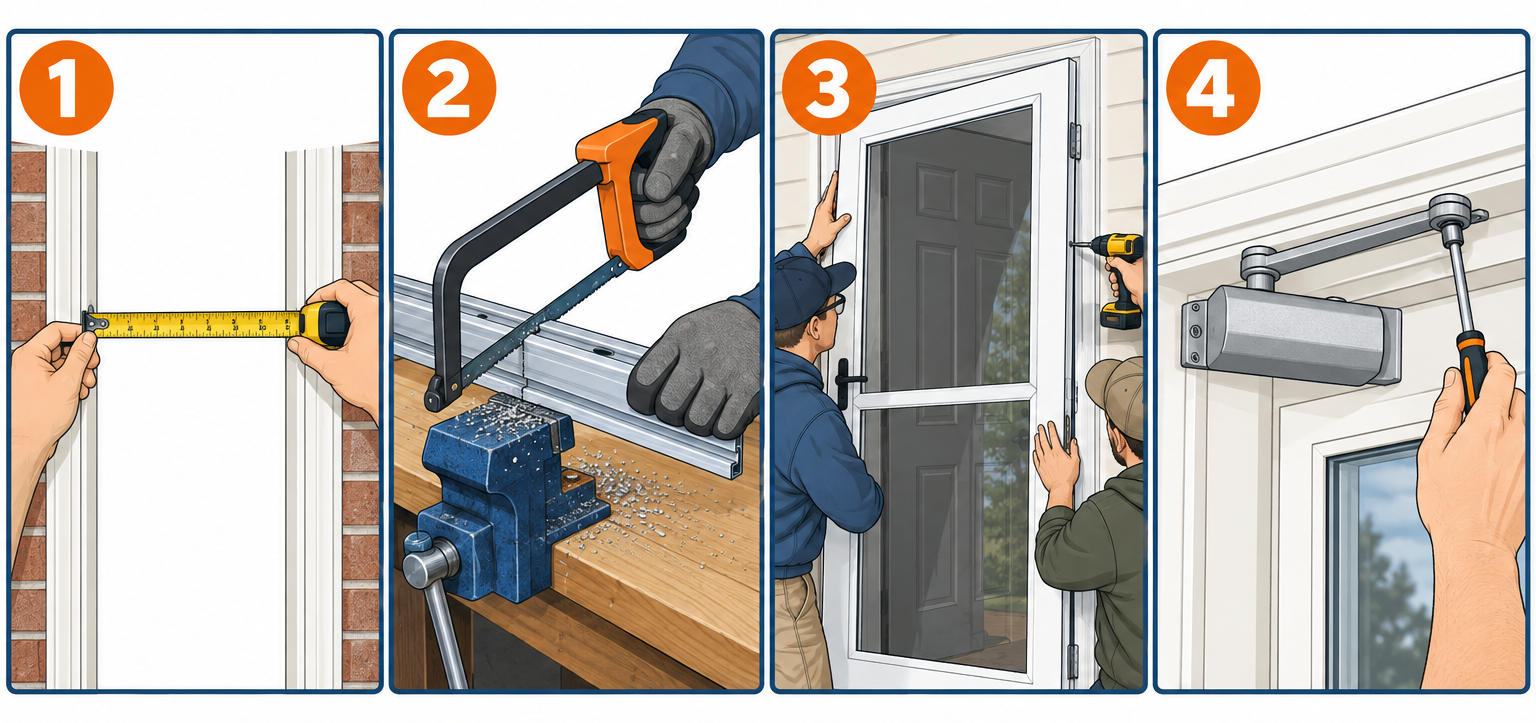 Storm door installation in four steps: measure opening, cut hinge rail, hang door, install closer