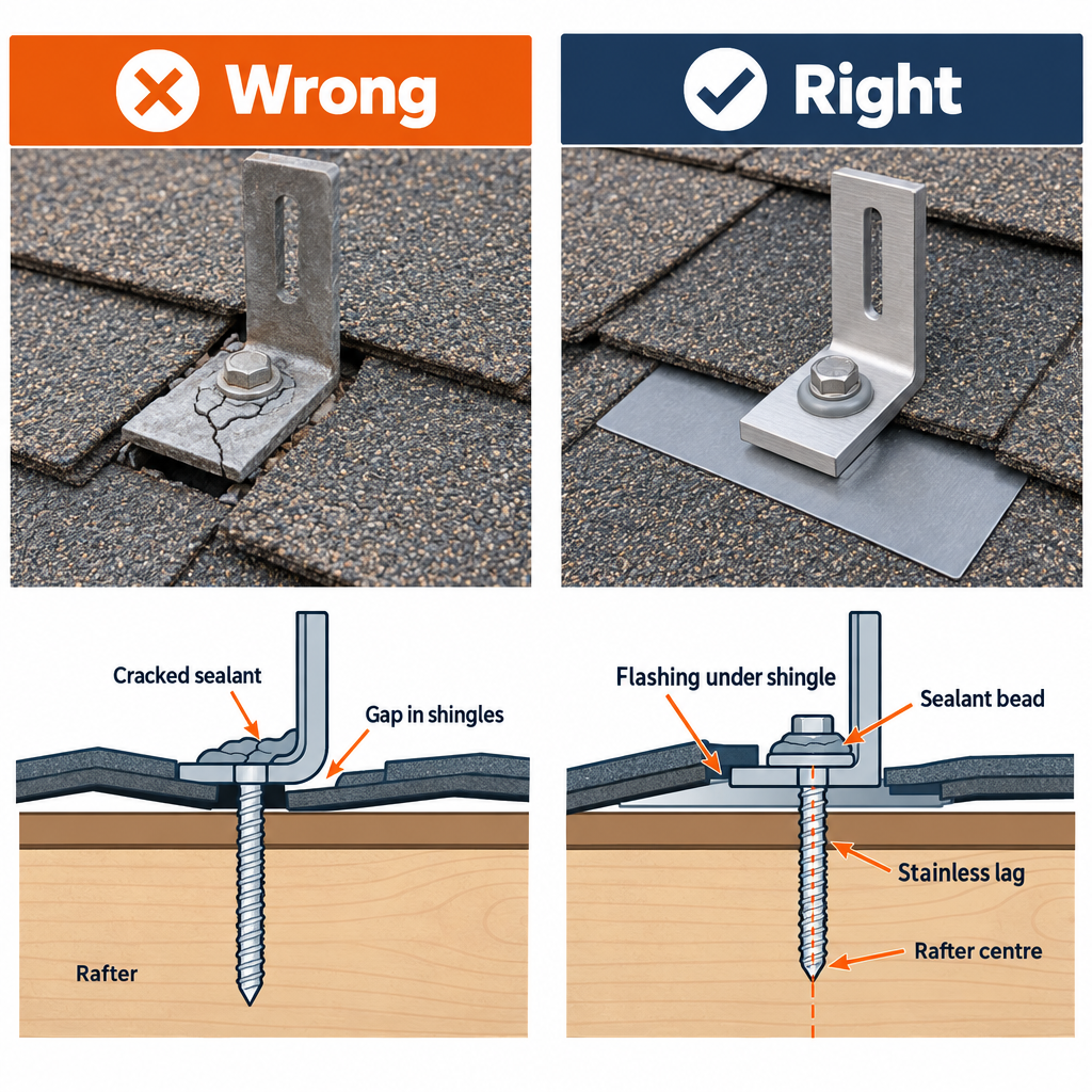 Correct versus incorrect roof attachment flashing for solar panel mounts