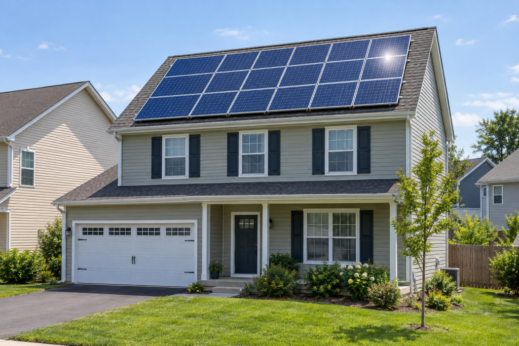 Completed DIY rooftop solar panel array on a suburban home in natural daylight