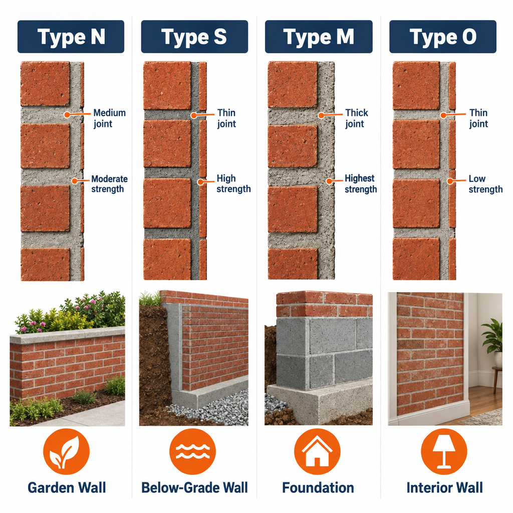 Mortar type comparison diagram showing Type N, S, M and O strength and use cases