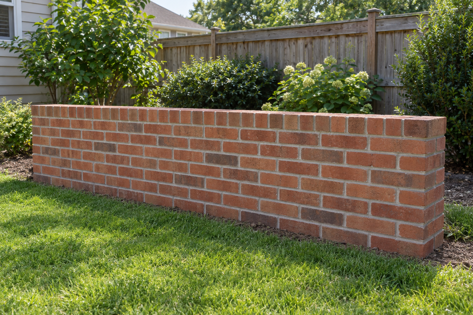Freshly laid brick garden wall with tooled mortar joints in a sunny backyard