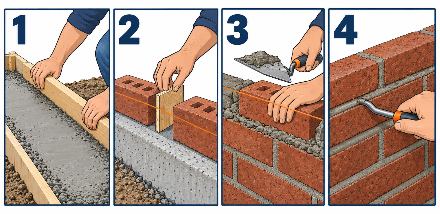 Laying bricks with mortar in four steps: footing, dry-lay, lay first course, tool joints